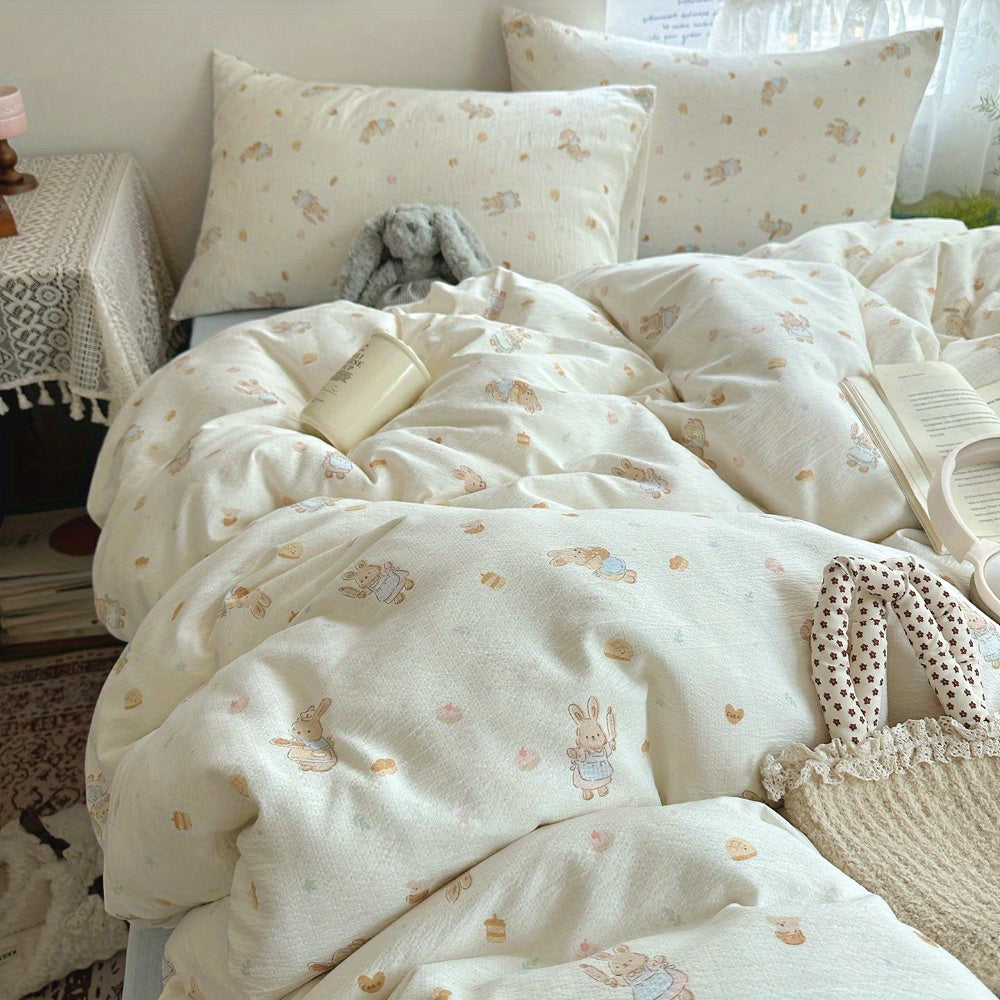 4pcs Jacquard Craft Bedding Set with Cute Rabbit + Dessert Pattern, Soft and Machine Washable
