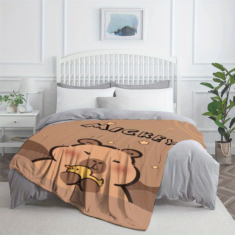 1pc Custom Name Capybara Flannel Throw Blanket - Soft Polyester Fiber, Machine Washable