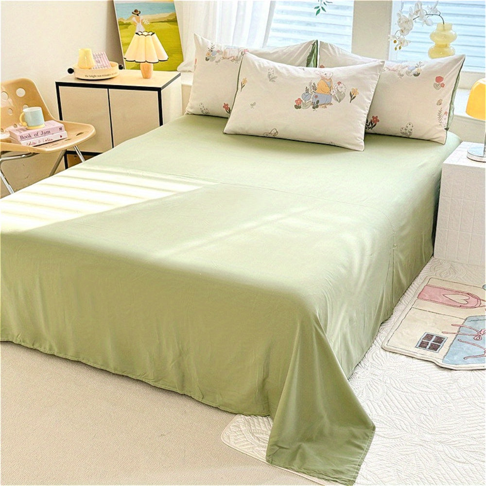 4pcs Bed Sheet Set Red and White Floral + Cute Rabbit Pattern, Fresh & Lovely Style