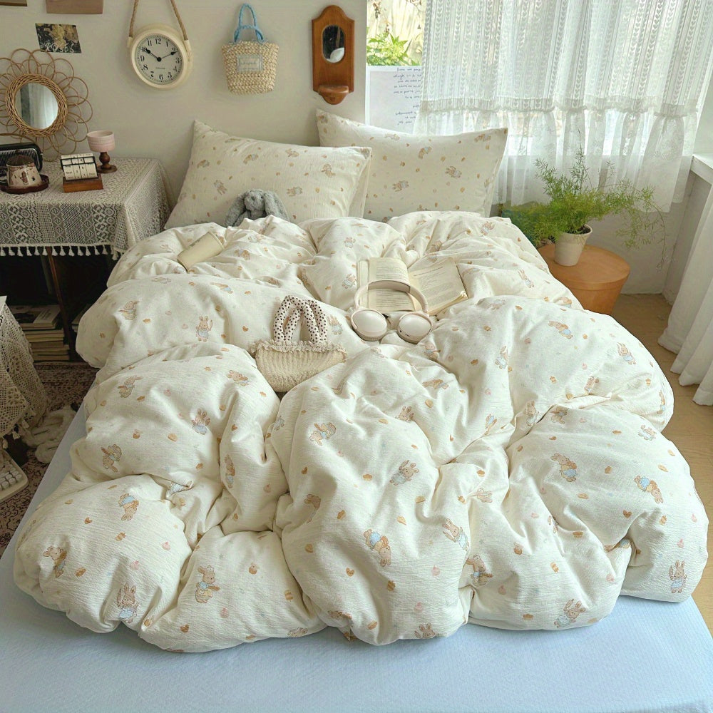 4pcs Jacquard Craft Bedding Set with Cute Rabbit + Dessert Pattern, Soft and Machine Washable