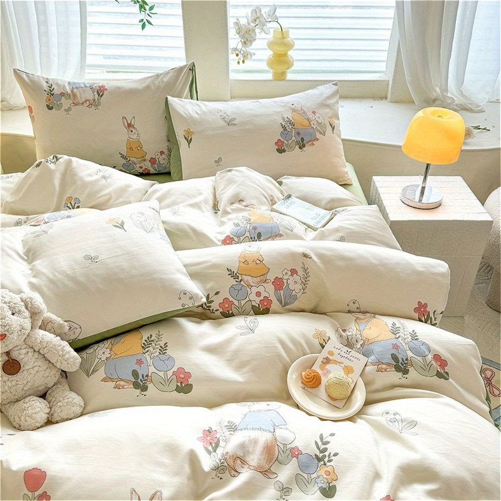 4pcs Bed Sheet Set Red and White Floral + Cute Rabbit Pattern, Fresh & Lovely Style