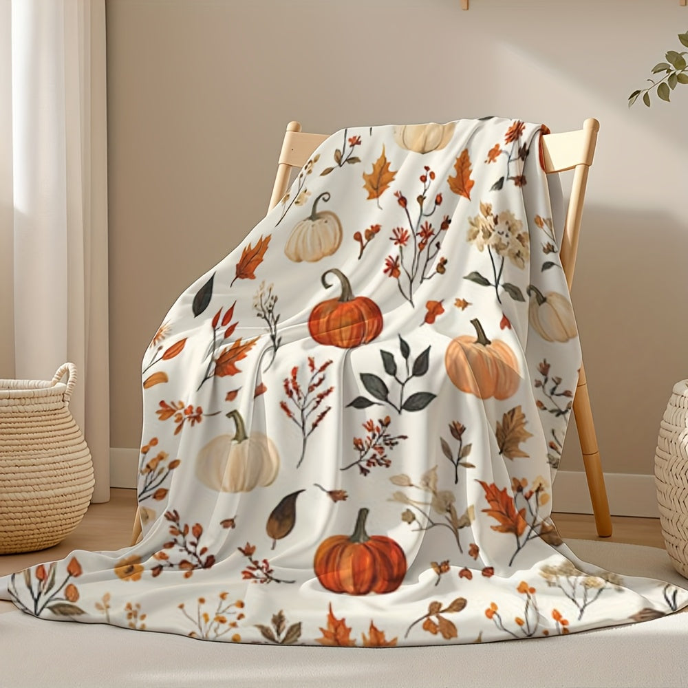 1pc All-Season Flannel Blanket - Soft Cozy Fall Throw with Pumpkin, Leaf & Floral Prints in Orange, Beige