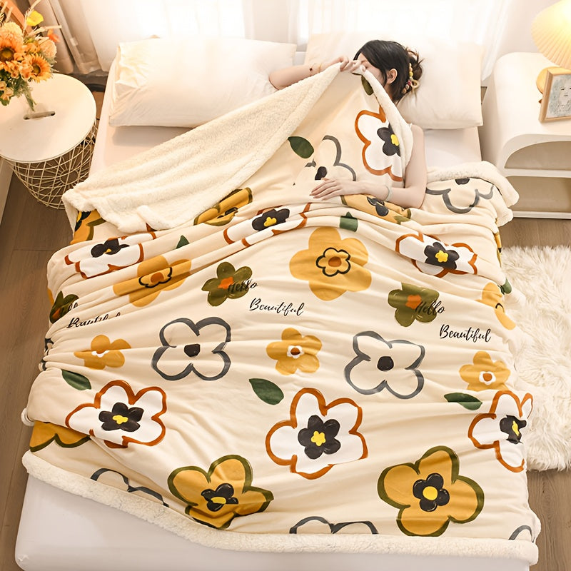 1pc Double-Layer Thickened Milk Fleece Cartoon Blanket, Light Beige-Friendly Warmth, High Weight