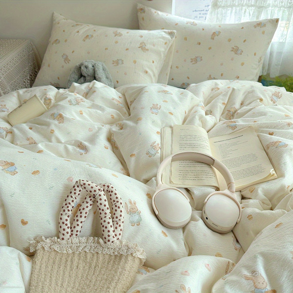 4pcs Jacquard Craft Bedding Set with Cute Rabbit + Dessert Pattern, Soft and Machine Washable