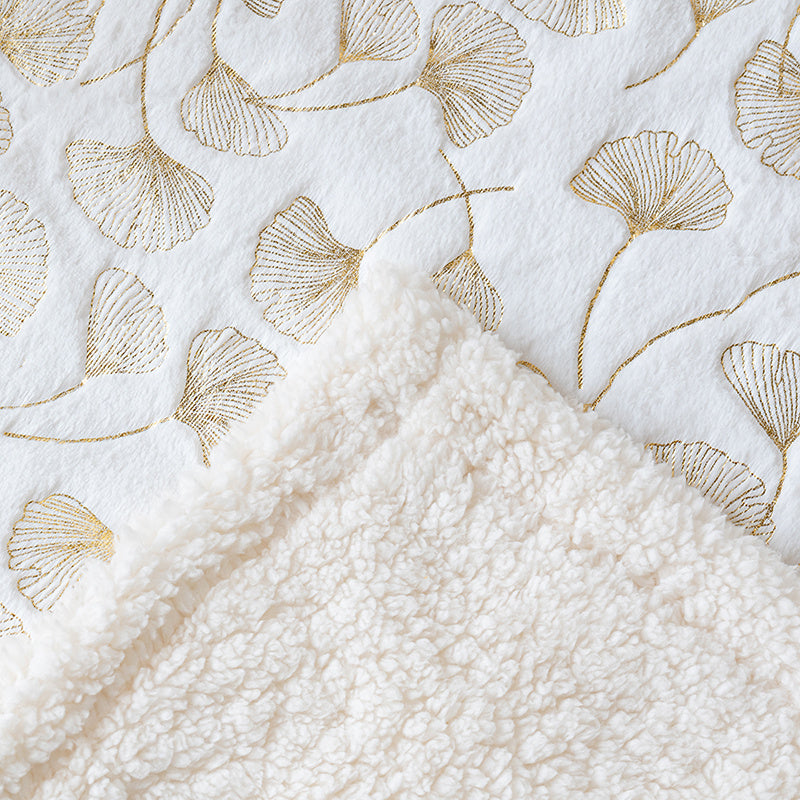 1pc Contemporary Floral Faux Rabbit Fur Blanket - Double-Layer Thickened All-Season Soft Bedspread with Ginkgo Leaf Pattern