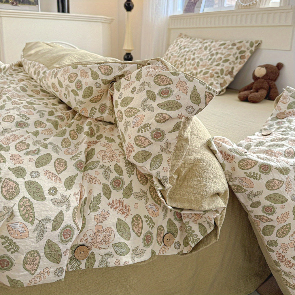 Fresh Dark Green and Light Brown Leaf Vine Pattern, Fresh Pastoral Style with Button Embellishments