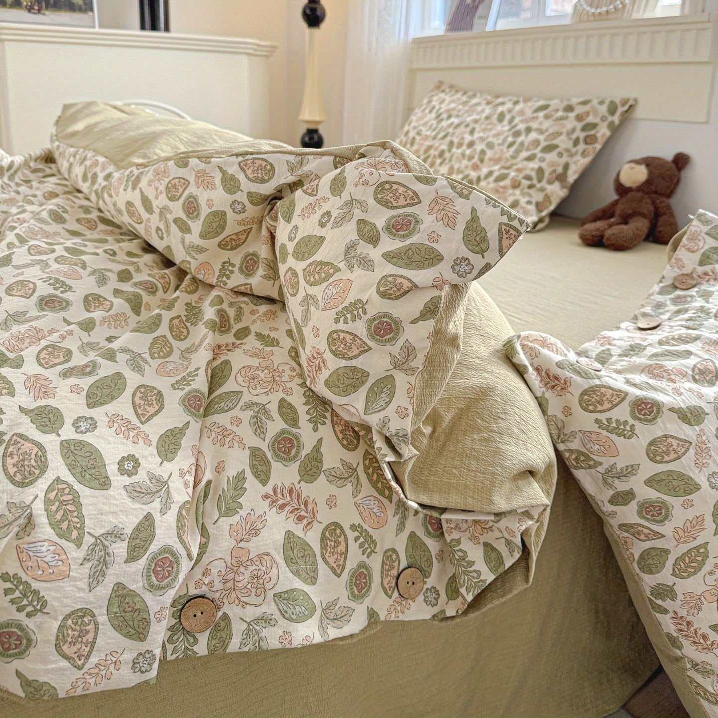 Fresh Dark Green and Light Brown Leaf Vine Pattern, Fresh Pastoral Style with Button Embellishments