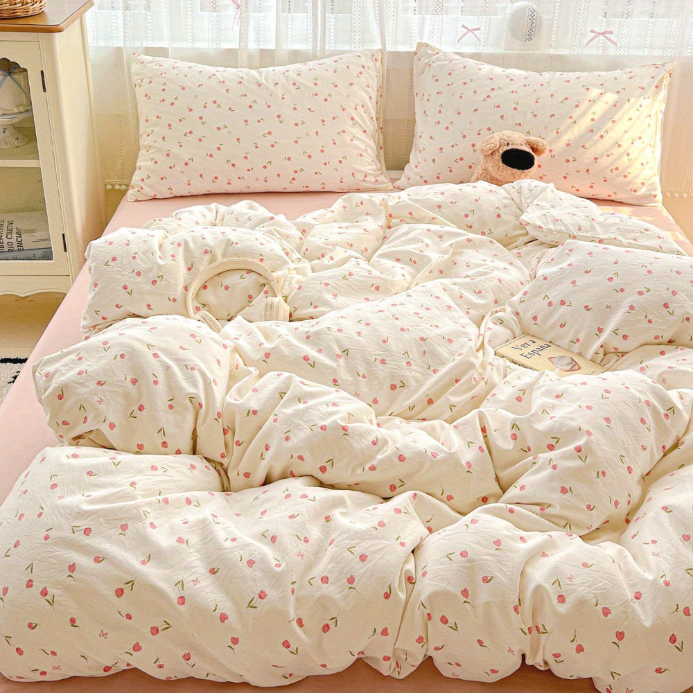 Summer Simple Small Floral Pink Tulip Pattern Sweet Style Bedding Set
