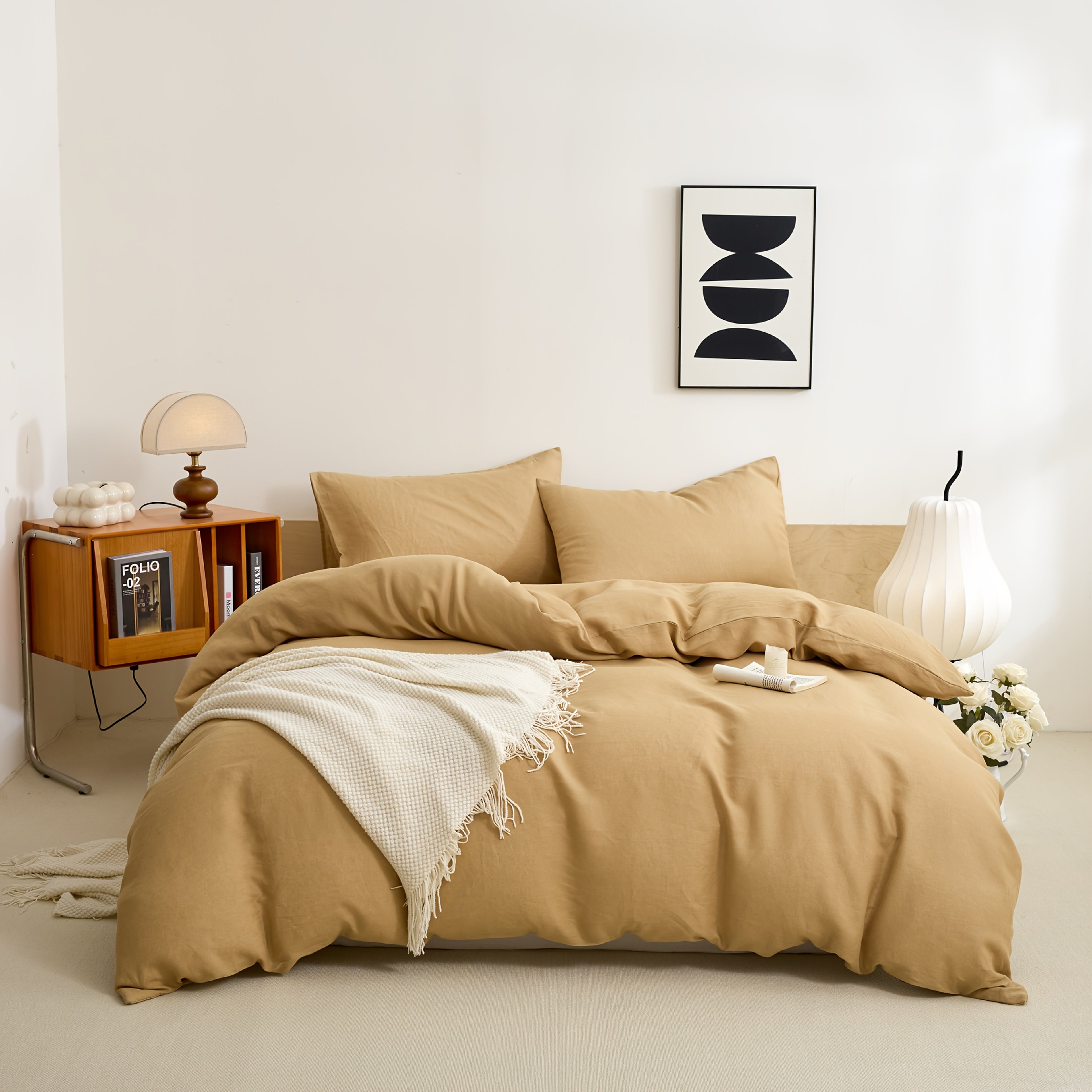 4pcs 100% French Linen Double Bedding Set, 4pcs Set Includes 1 Duvet Cover, 1 Fitted Sheet