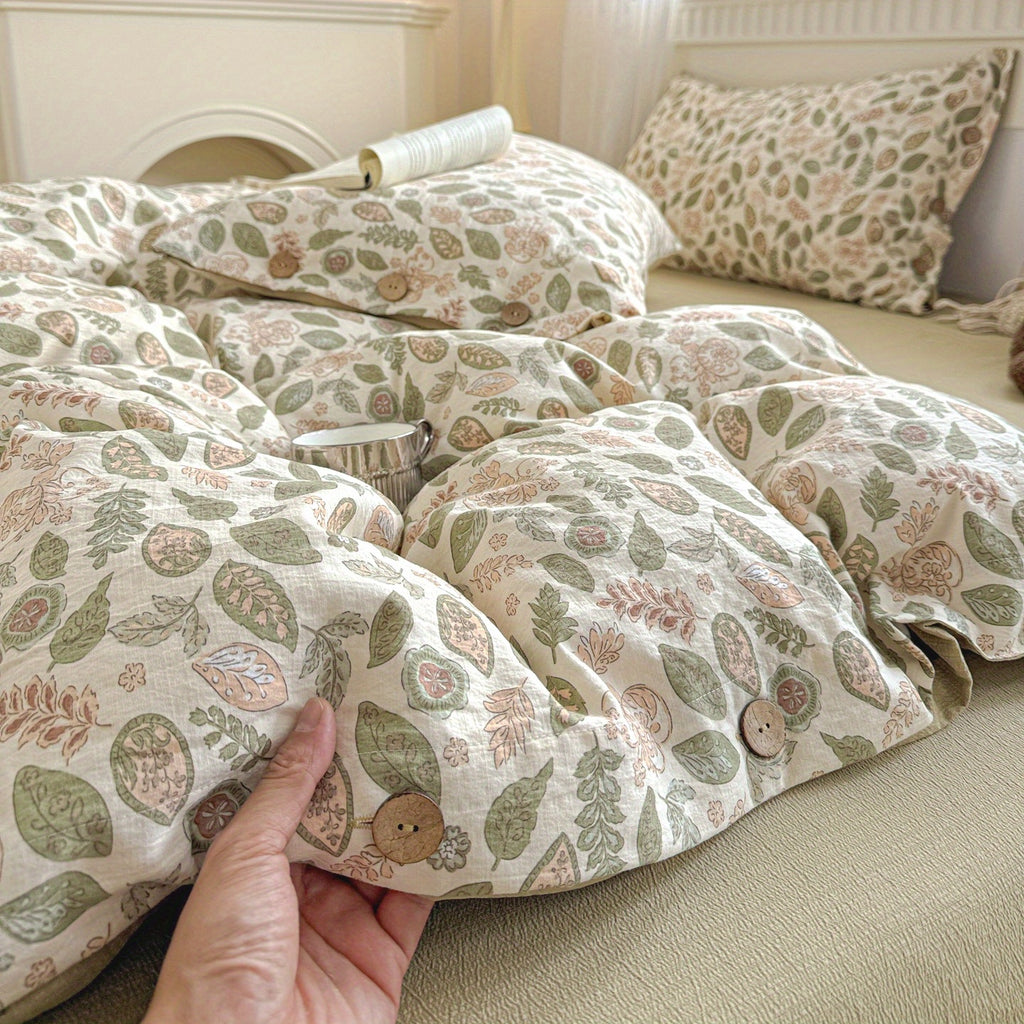 Fresh Dark Green and Light Brown Leaf Vine Pattern, Fresh Pastoral Style with Button Embellishments