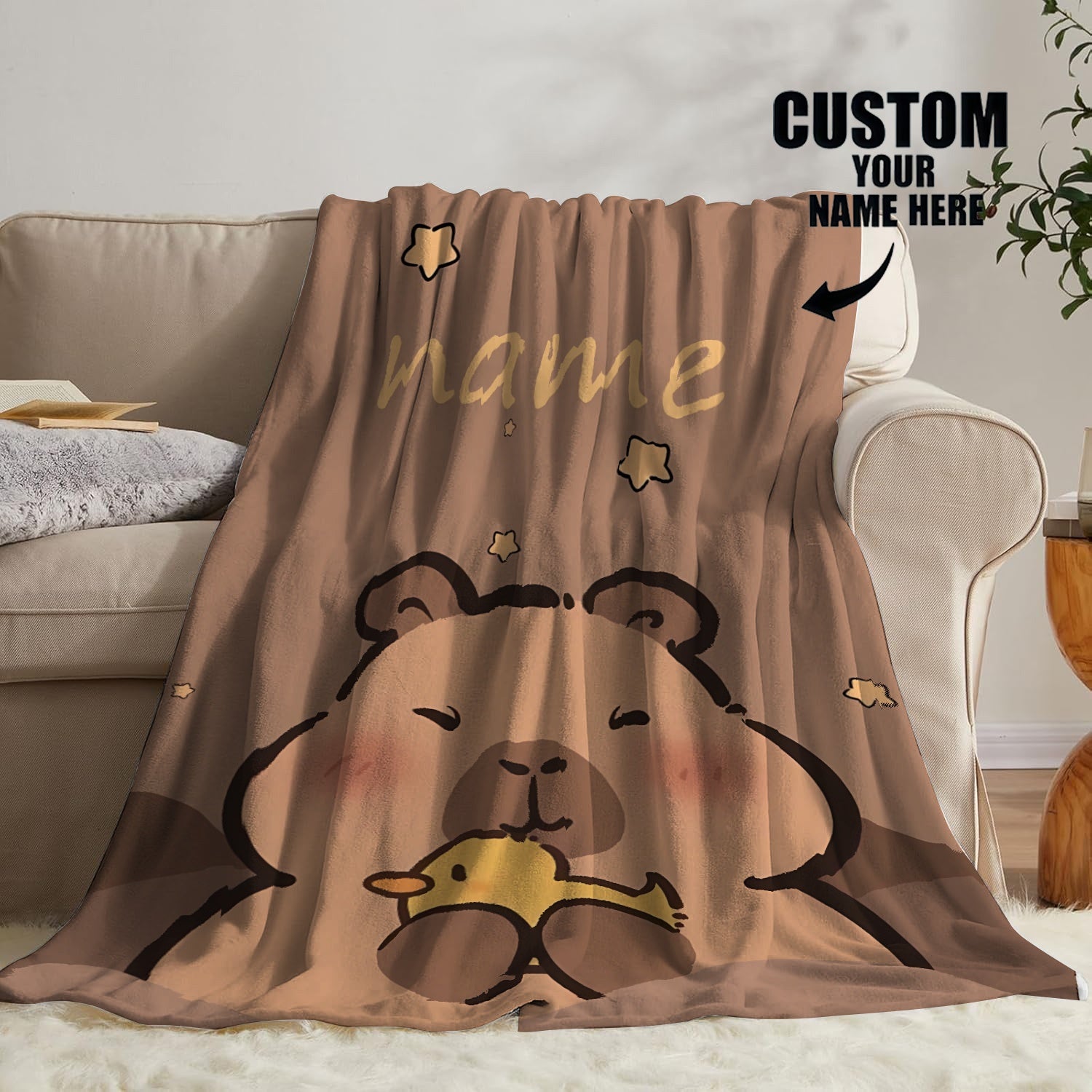 Customizable Capybara Blanket 1pc Soft & Cozy Customizable Capybara Flannel Blanket - Personalized Name Option