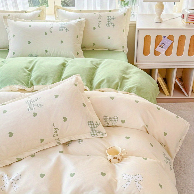 Green Love + Bow Modern Style Bedding Set (1 Duvet Cover + 1 Fitted Sheet + 2 Pillowcases)