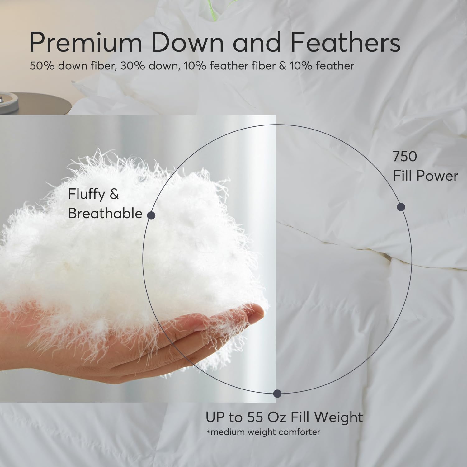 1pc 750 Fill-Power Certified Premium Goose Down and Feather Comforter Duvet Insert