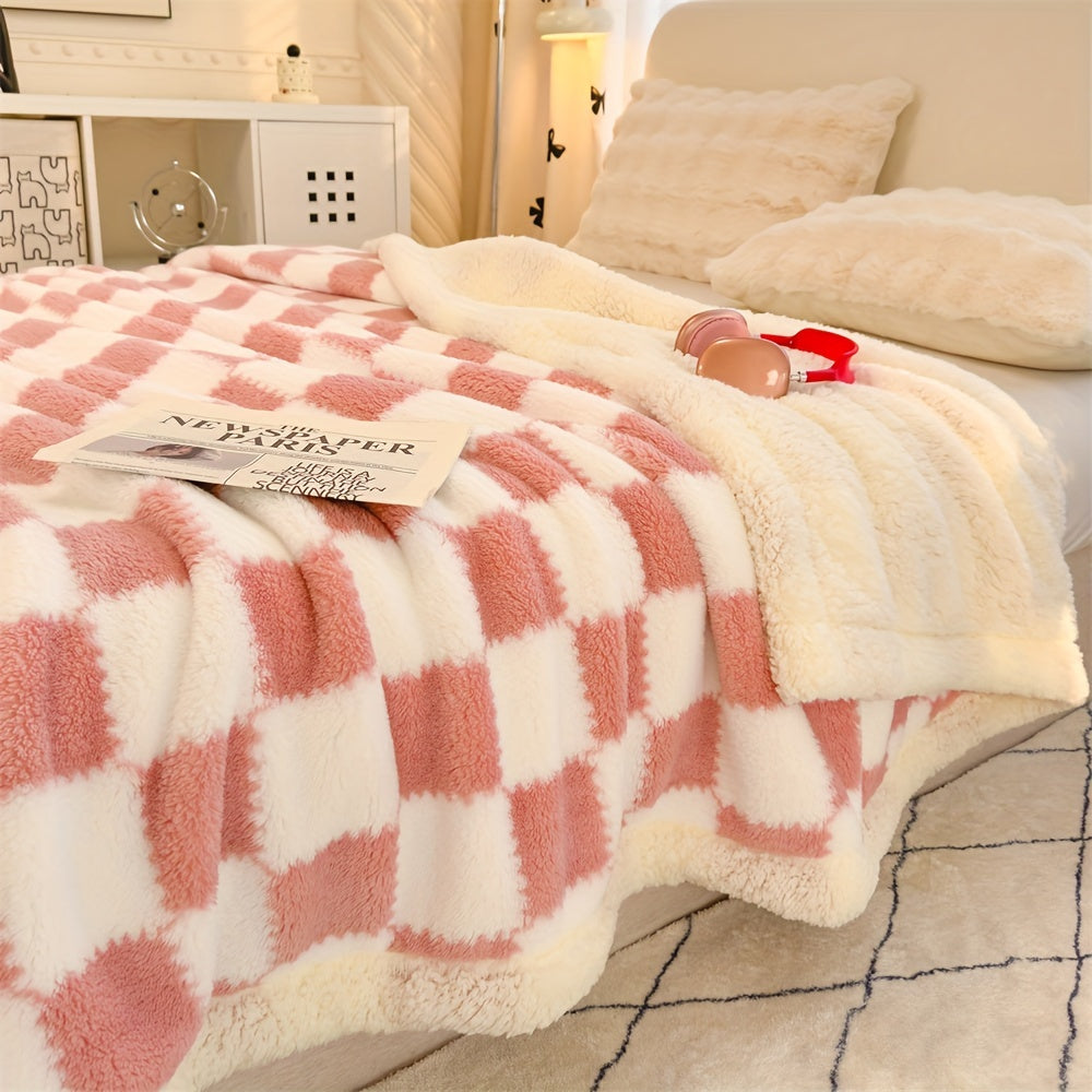 1pc Charming Checkered Plush Fleece Blanket, 400-450g Polyester, All-Season, Knitted