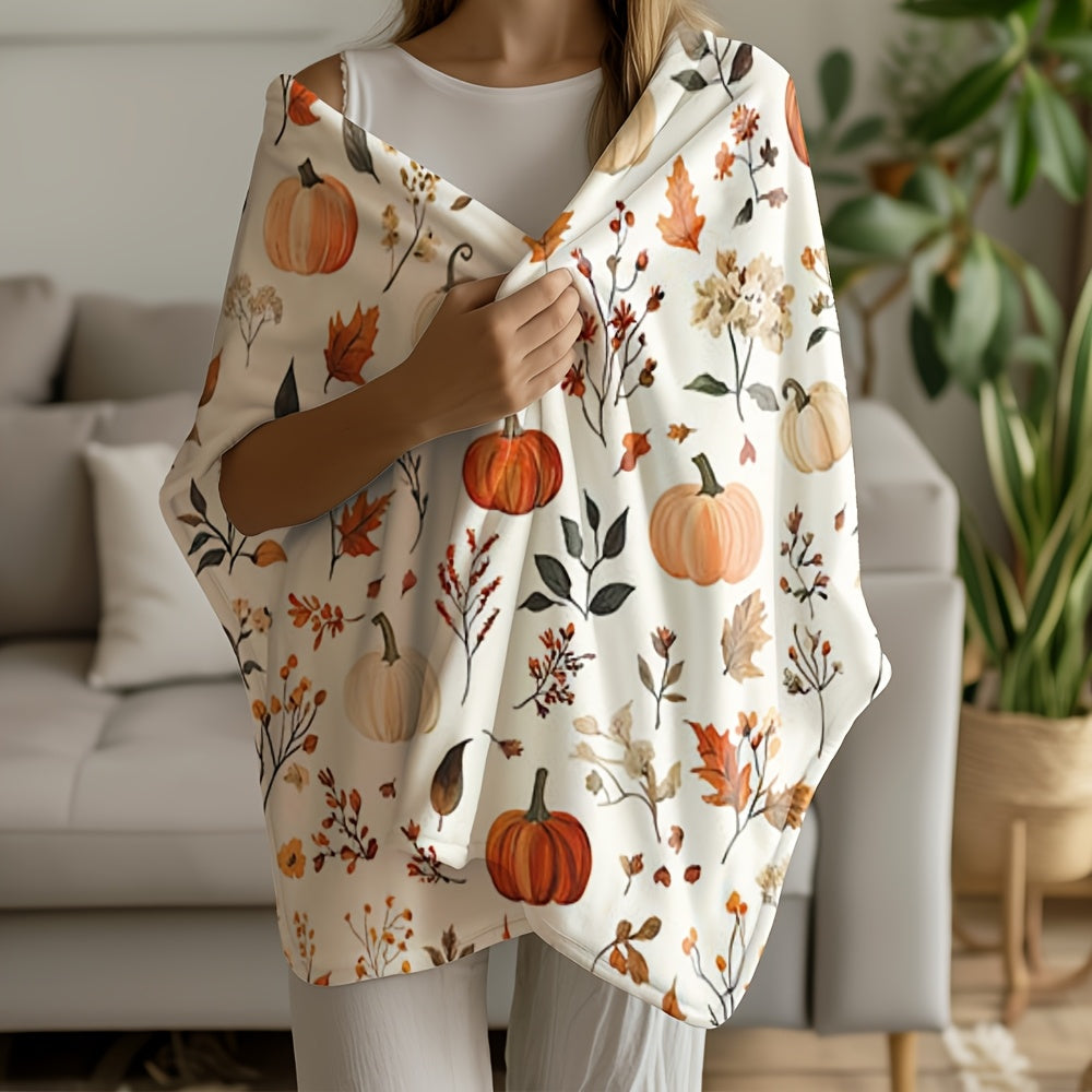 1pc All-Season Flannel Blanket - Soft Cozy Fall Throw with Pumpkin, Leaf & Floral Prints in Orange, Beige