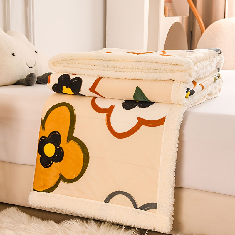 1pc Double-Layer Thickened Milk Fleece Cartoon Blanket, Light Beige-Friendly Warmth, High Weight