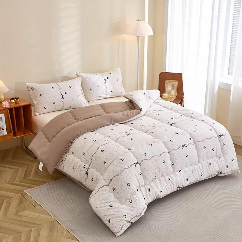 3pcs Black Cherry Floral Print Quilted Bedding Set - Ultra-Soft Polyester