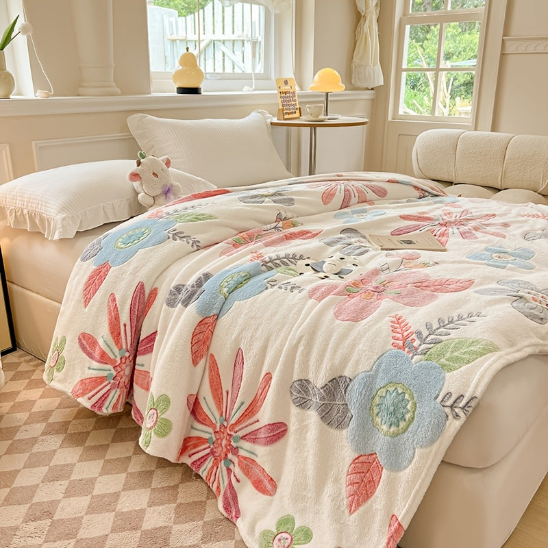 1pc Cozy Floral Quilted Blanket - Lightweight, Luxurious Style, All-Season Polyester Flannel with Vibrant Pink
