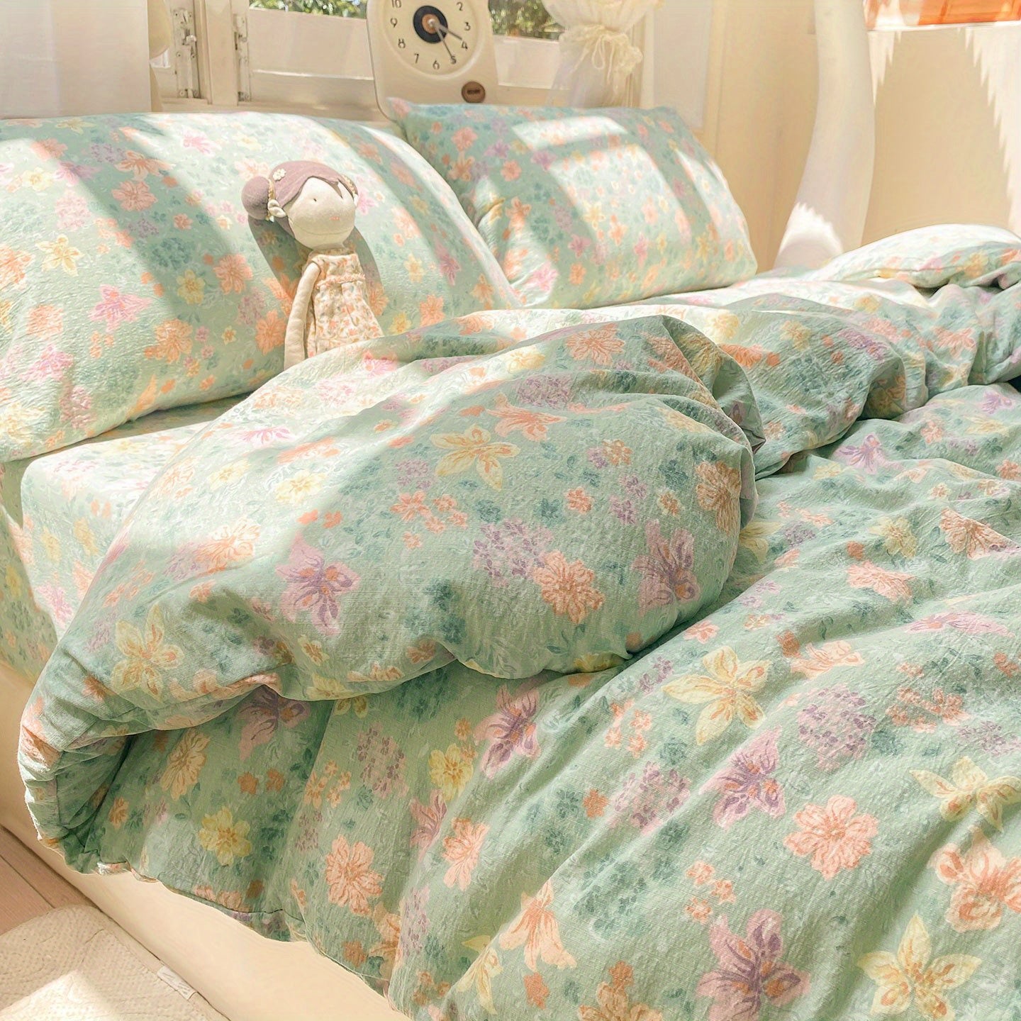 Green Floral Country Style Bedding Set 3\u002F4pcs (1 Duvet Cover + 1 Fitted Sheet + 2 Pillowcases) Synthetic Fabric