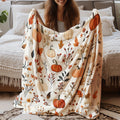 1pc All-Season Flannel Blanket - Soft Cozy Fall Throw with Pumpkin, Leaf & Floral Prints in Orange, Beige