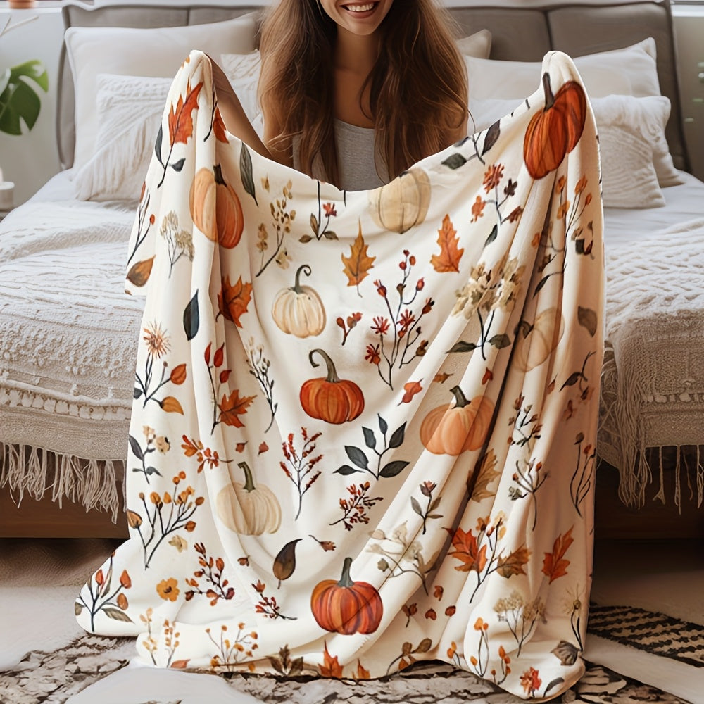 1pc All-Season Flannel Blanket - Soft Cozy Fall Throw with Pumpkin, Leaf & Floral Prints in Orange, Beige