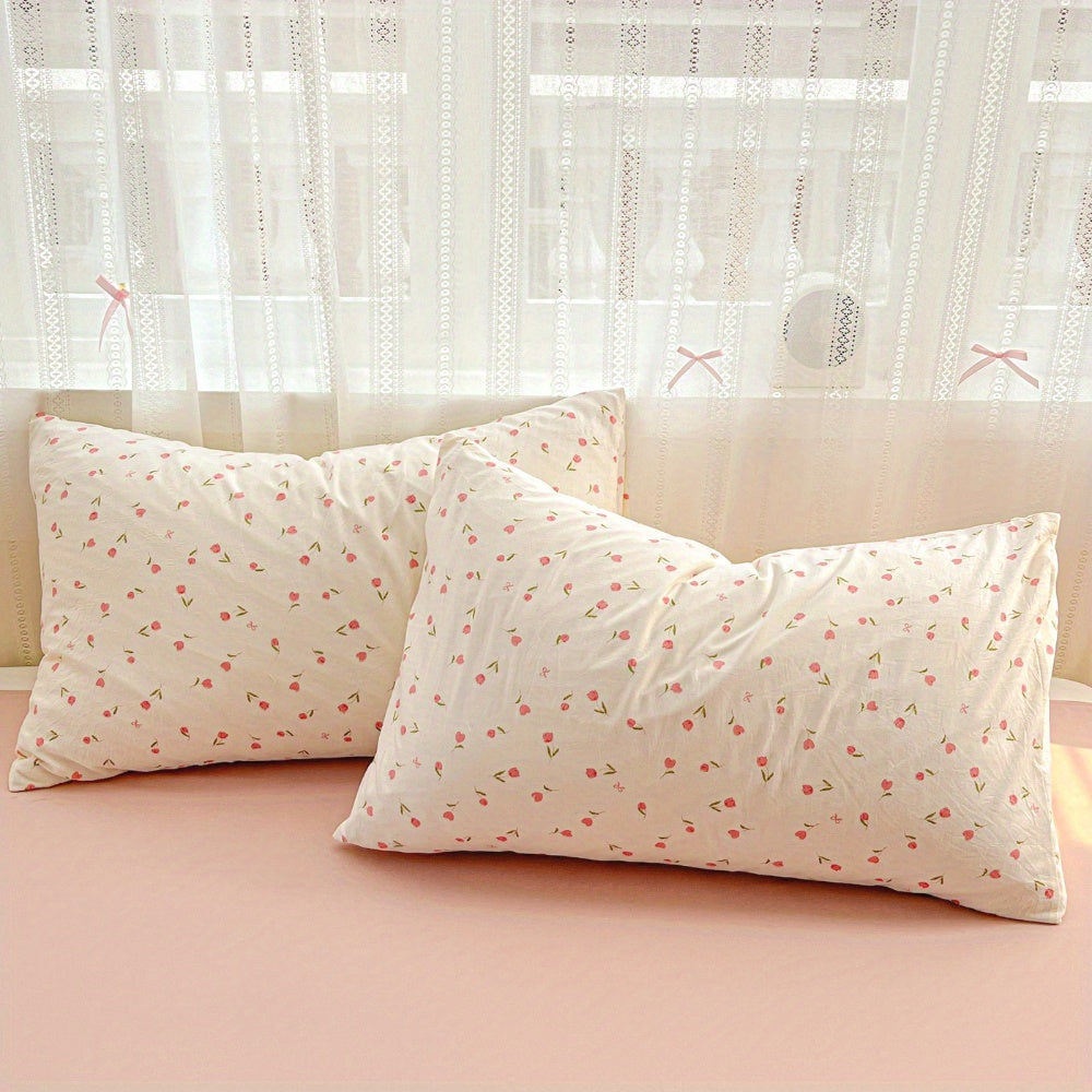 Summer Simple Small Floral Pink Tulip Pattern Sweet Style Bedding Set