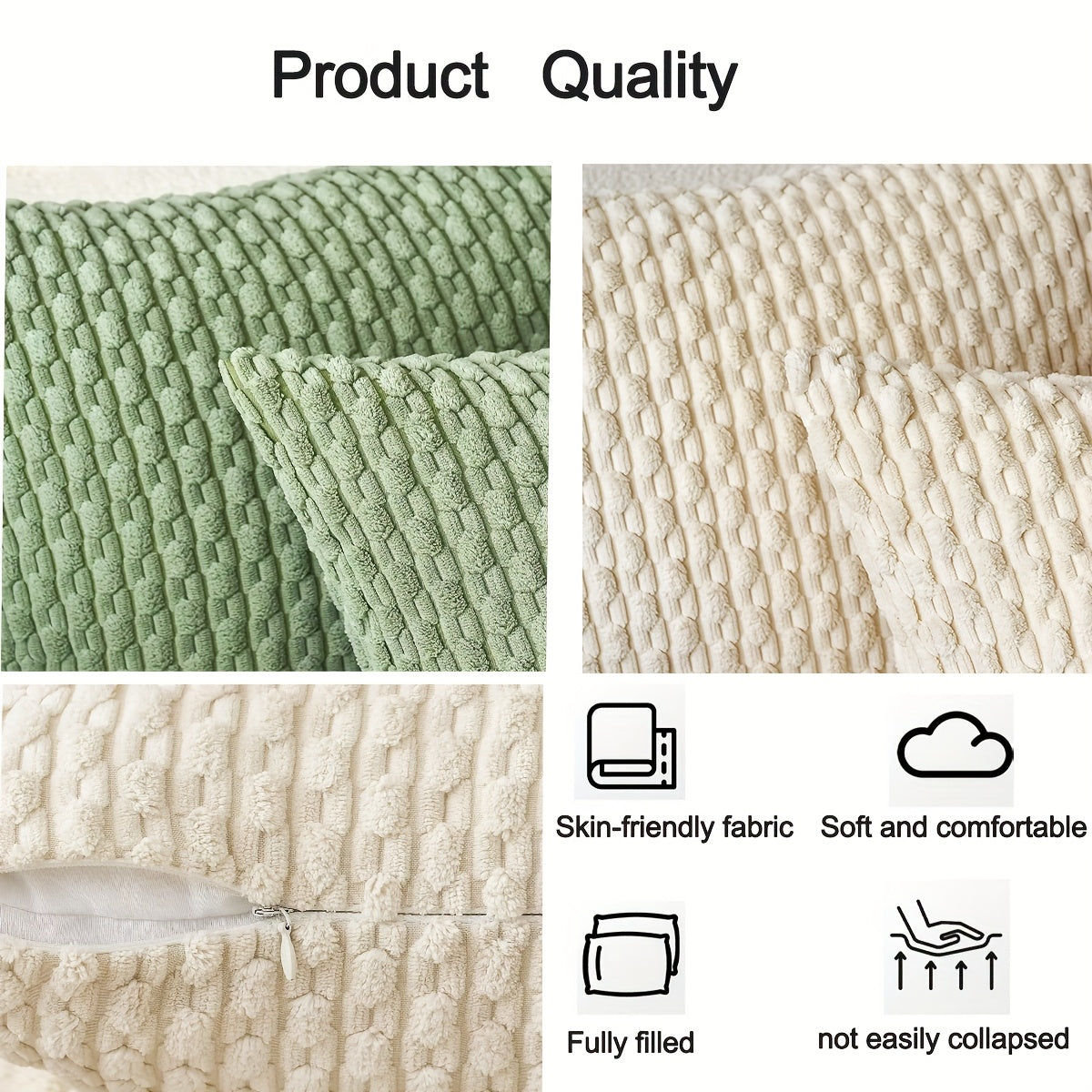 Light Gray Corduroy Pillow - Bohemian Style Decorative Cushion with Pillowcase & Insert