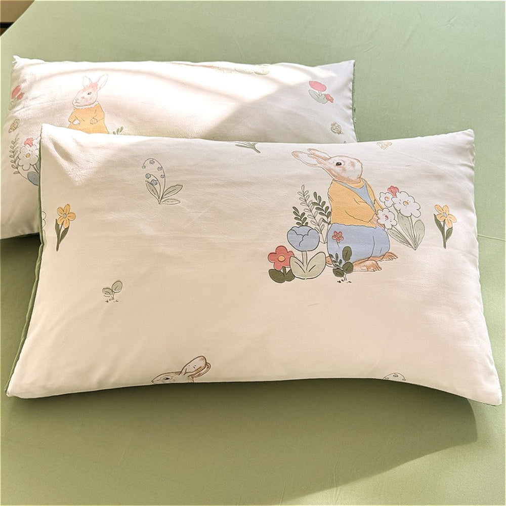 4pcs Bed Sheet Set Red and White Floral + Cute Rabbit Pattern, Fresh & Lovely Style