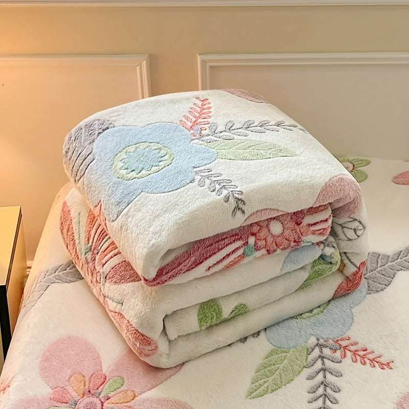 1pc Cozy Floral Quilted Blanket - Lightweight, Luxurious Style, All-Season Polyester Flannel with Vibrant Pink