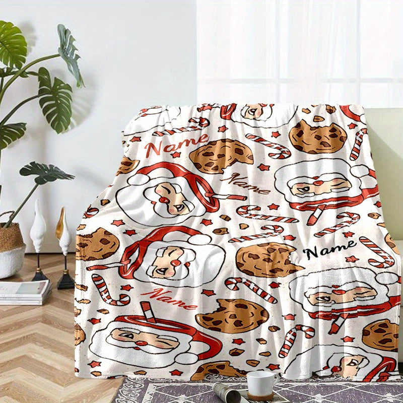 1pc Cozy Personalized Santa Claus Polyester Blanket - Custom Name, All Seasons, Chunky Knit Weave