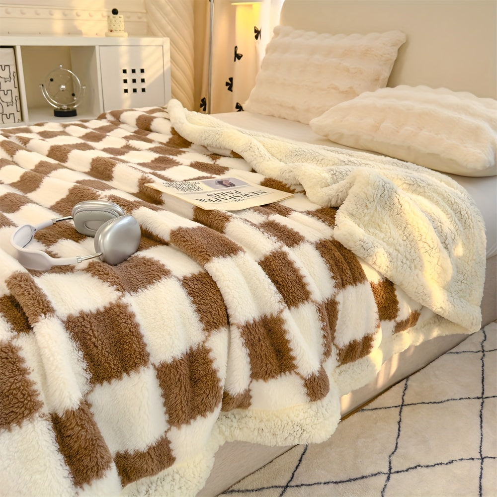 1pc Charming Checkered Plush Fleece Blanket, 400-450g Polyester, All-Season, Knitted