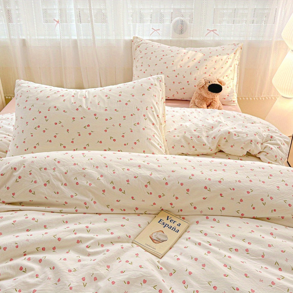 Summer Simple Small Floral Pink Tulip Pattern Sweet Style Bedding Set
