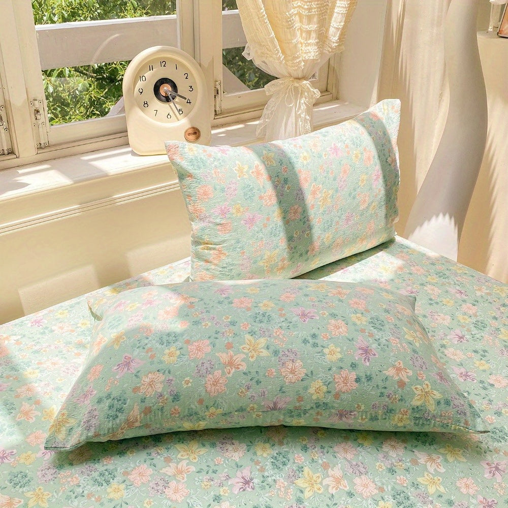 Green Floral Country Style Bedding Set 3\u002F4pcs (1 Duvet Cover + 1 Fitted Sheet + 2 Pillowcases) Synthetic Fabric
