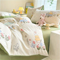 4pcs Bed Sheet Set Red and White Floral + Cute Rabbit Pattern, Fresh & Lovely Style