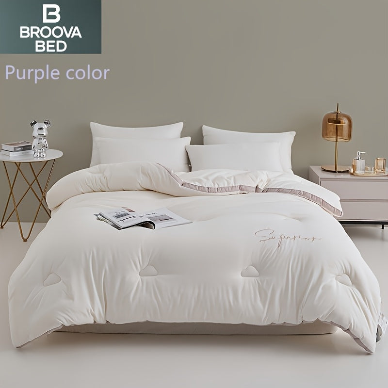 Soft Comforter 1pc Soft Fiber Quilt Core, Light Beige Embroidered Cloud Four Seasons Comforter