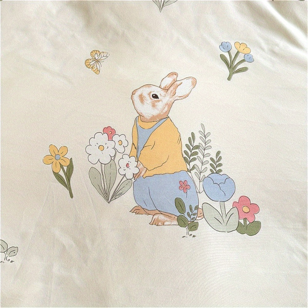 4pcs Bed Sheet Set Red and White Floral + Cute Rabbit Pattern, Fresh & Lovely Style