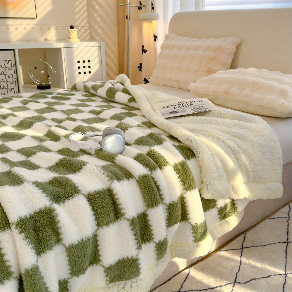1pc Charming Checkered Plush Fleece Blanket, 400-450g Polyester, All-Season, Knitted