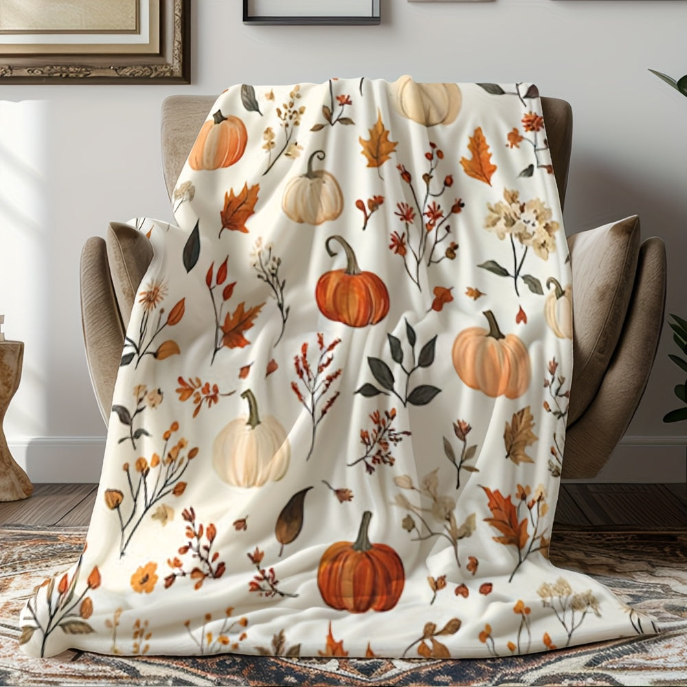 1pc All-Season Flannel Blanket - Soft Cozy Fall Throw with Pumpkin, Leaf & Floral Prints in Orange, Beige