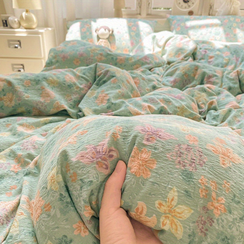 Green Floral Country Style Bedding Set 3\u002F4pcs (1 Duvet Cover + 1 Fitted Sheet + 2 Pillowcases) Synthetic Fabric
