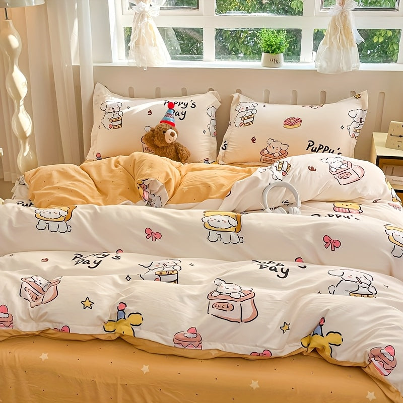 4pcs, Cartoon Four-Piece Set Duvet Cover*1+Fitted Sheet*1+Pillowcases*2, Soft and Delicate