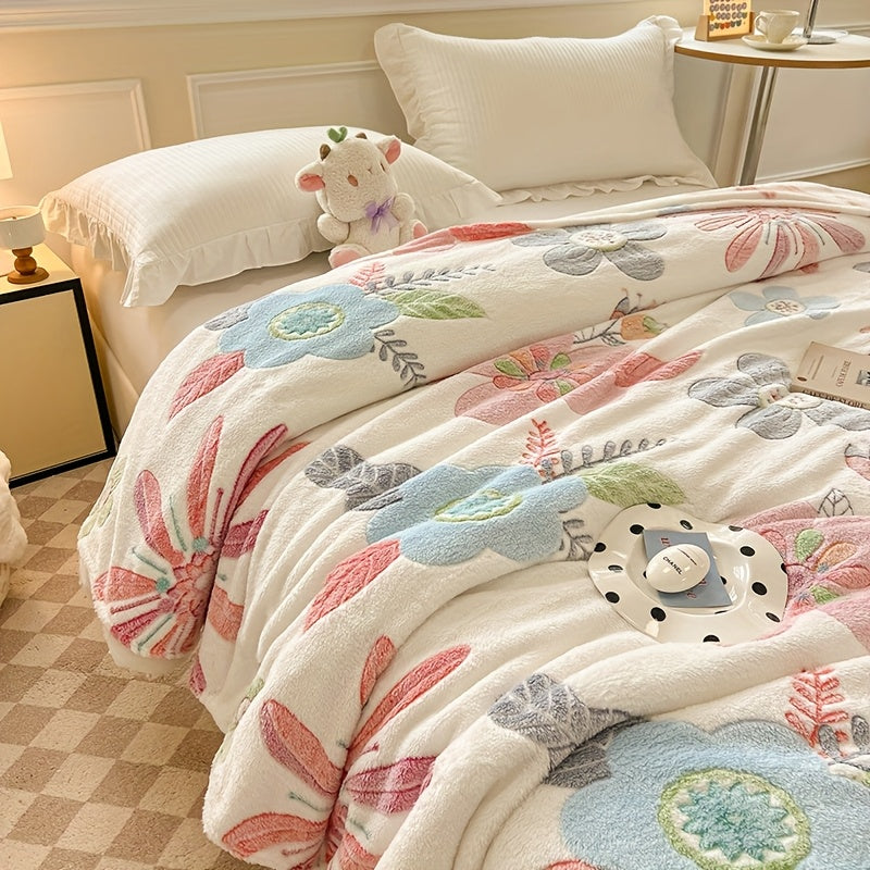 1pc Cozy Floral Quilted Blanket - Lightweight, Luxurious Style, All-Season Polyester Flannel with Vibrant Pink