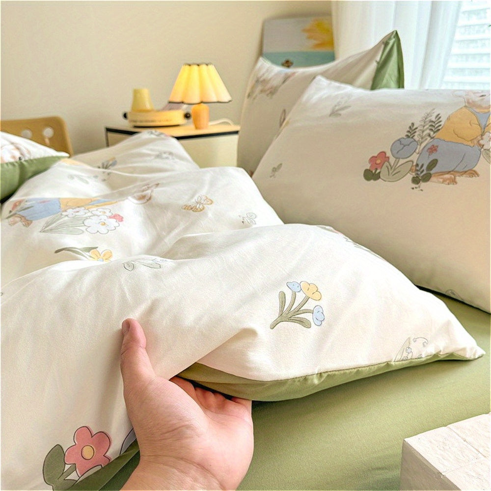 4pcs Bed Sheet Set Red and White Floral + Cute Rabbit Pattern, Fresh & Lovely Style