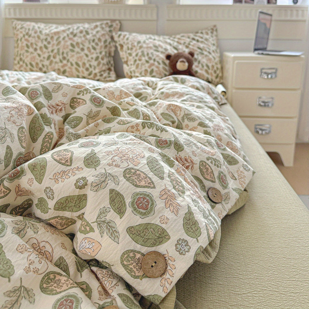 Fresh Dark Green and Light Brown Leaf Vine Pattern, Fresh Pastoral Style with Button Embellishments