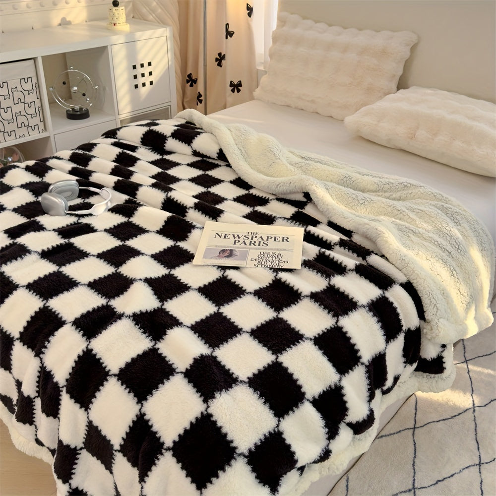 1pc Charming Checkered Plush Fleece Blanket, 400-450g Polyester, All-Season, Knitted