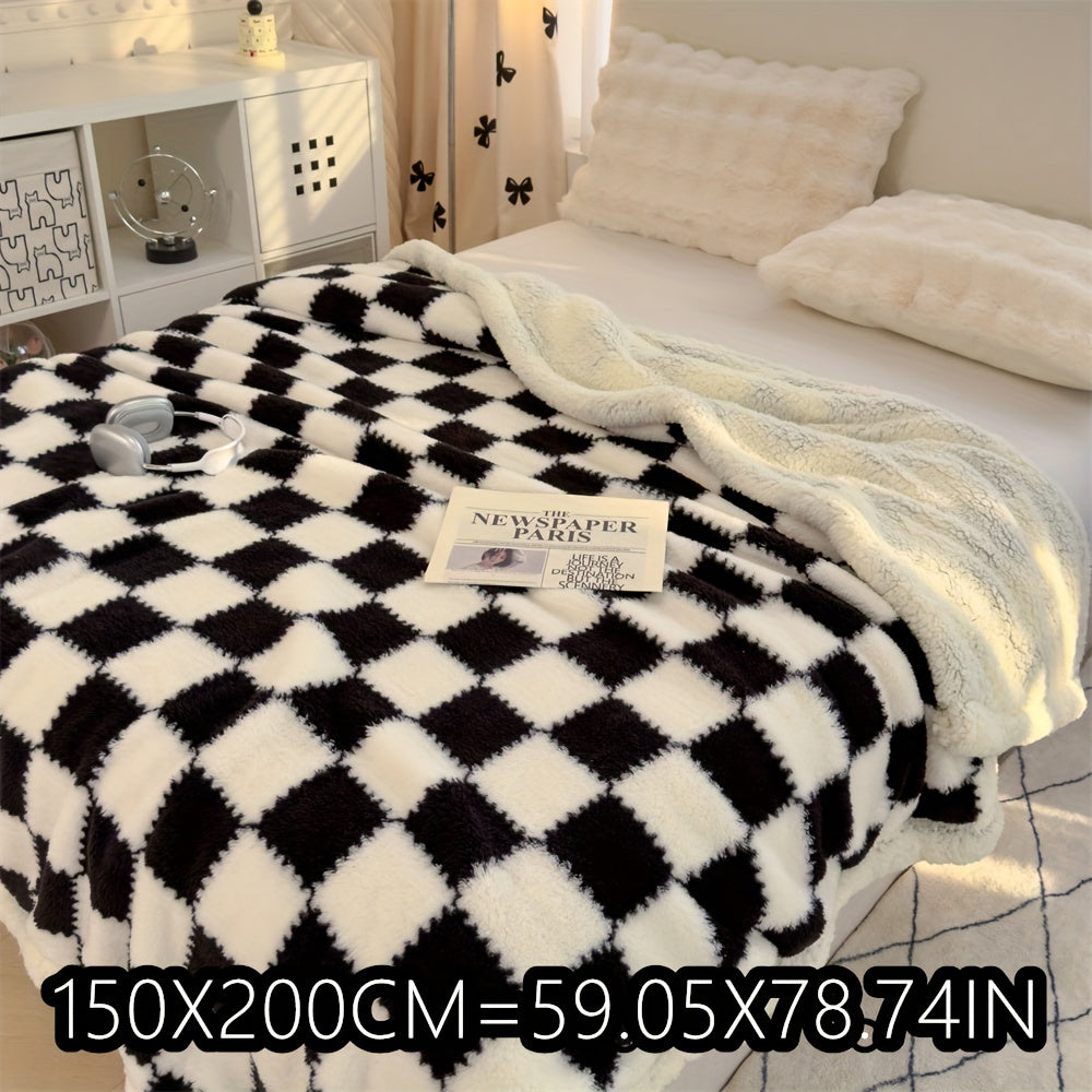 1pc Charming Checkered Plush Fleece Blanket, 400-450g Polyester, All-Season, Knitted