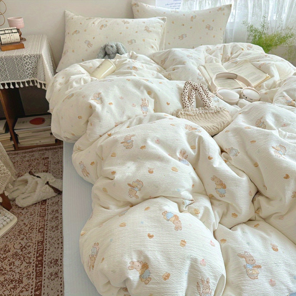4pcs Jacquard Craft Bedding Set with Cute Rabbit + Dessert Pattern, Soft and Machine Washable