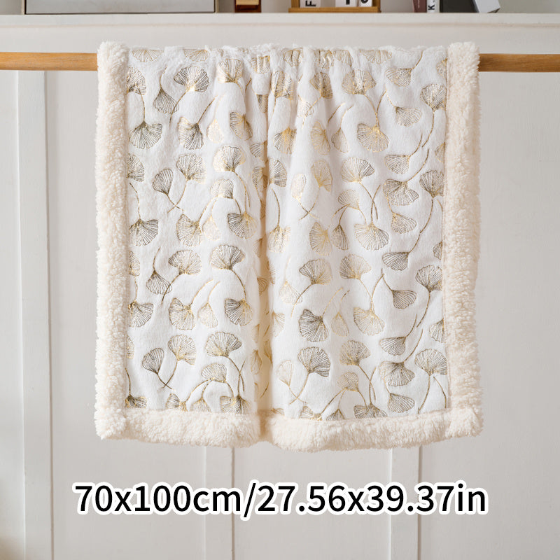 1pc Contemporary Floral Faux Rabbit Fur Blanket - Double-Layer Thickened All-Season Soft Bedspread with Ginkgo Leaf Pattern