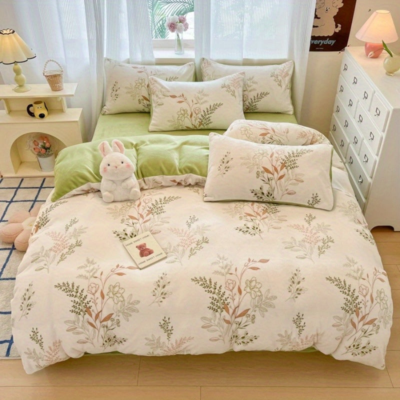 New Autumn-Winter Collection: Soft and Comfortable 4pcs Bedding Set with Plant Patter