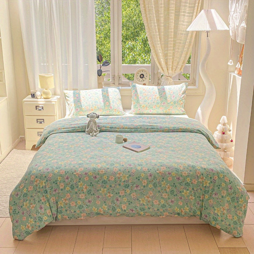 Green Floral Country Style Bedding Set 3\u002F4pcs (1 Duvet Cover + 1 Fitted Sheet + 2 Pillowcases) Synthetic Fabric