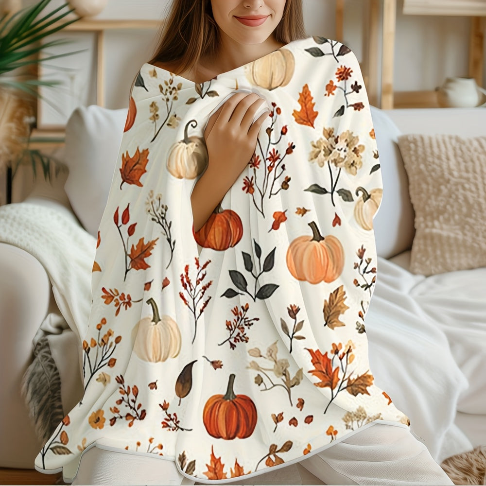 1pc All-Season Flannel Blanket - Soft Cozy Fall Throw with Pumpkin, Leaf & Floral Prints in Orange, Beige